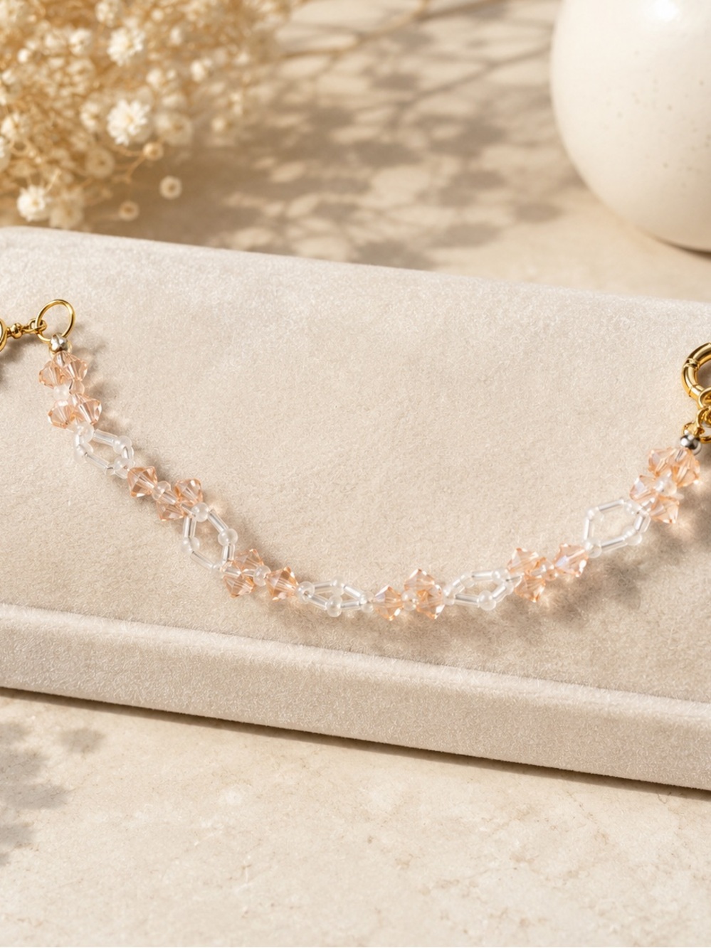 Delicate Peach Swarovski Crystal and White Glass Bracelet Women's Jewelry